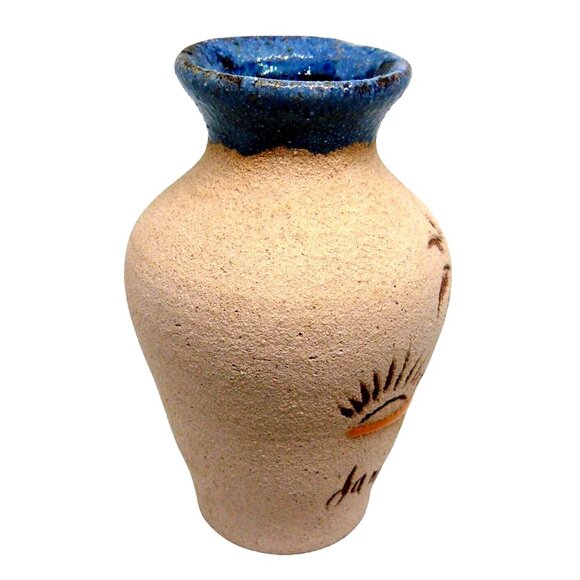 Handcrafted Jamaican Marblestone Vase with Blue Glaze Rim Engraved Palm Tree Vtg - Picture 4 of 5